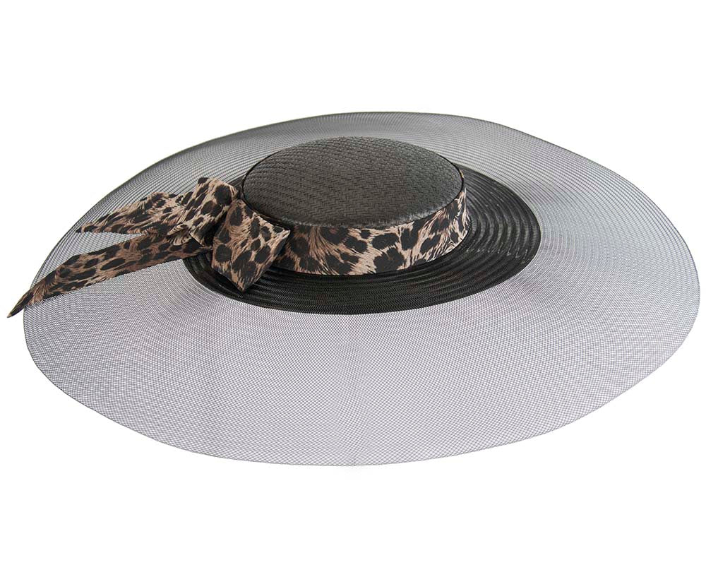 Bespoke black & leopard wide brim boater hat-3