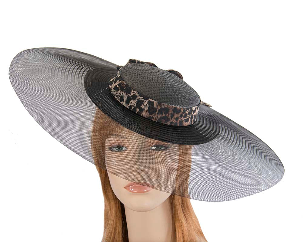 Bespoke black & leopard wide brim boater hat-0