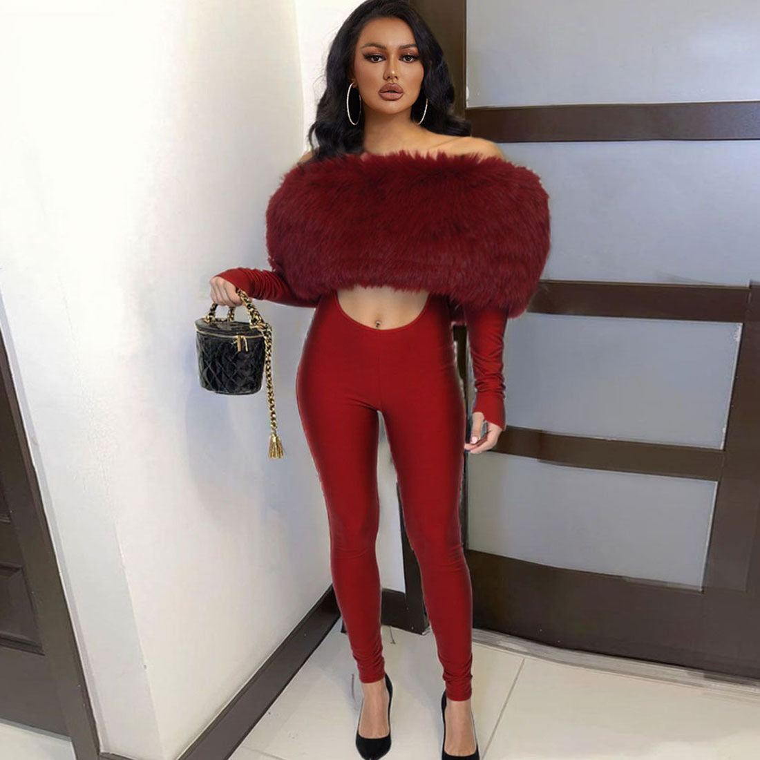 New Women's Off-shoulder Furry Stitching Sexy Midriff-baring Long Sleeve Jumpsuit