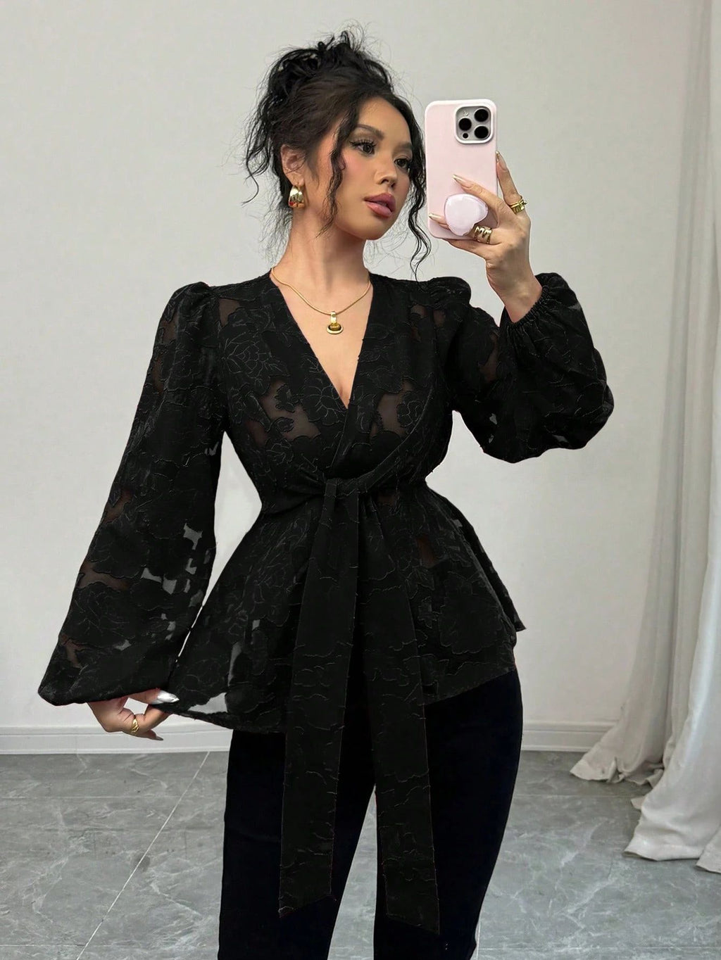 Fashionable Sexy Semi-transparent Long-sleeved V-neck Women's Shirt