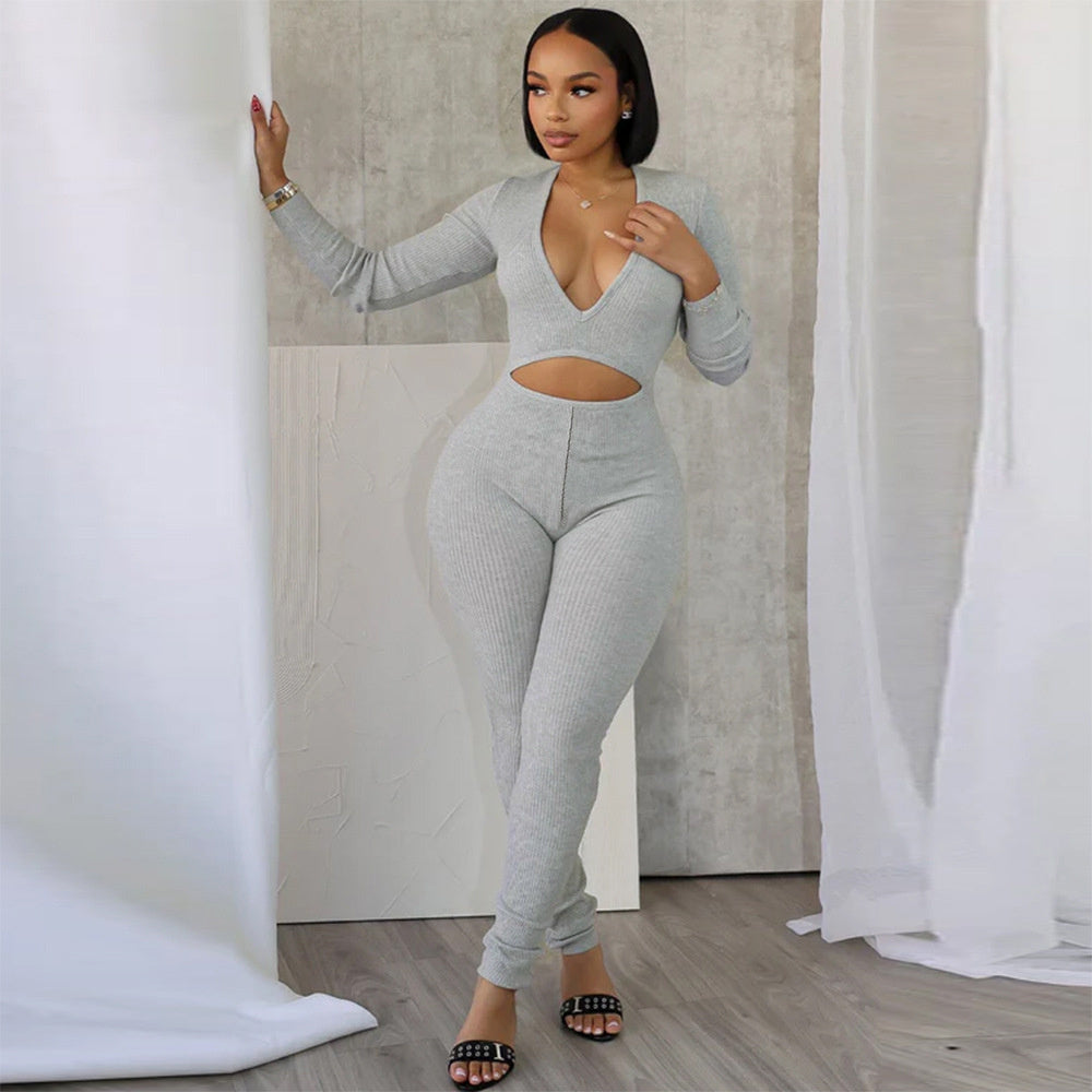 V-neck Hollow-out Long-sleeved Sexy High-elastic Jumpsuit
