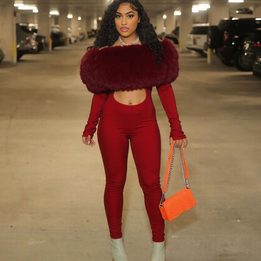 New Women's Off-shoulder Furry Stitching Sexy Midriff-baring Long Sleeve Jumpsuit