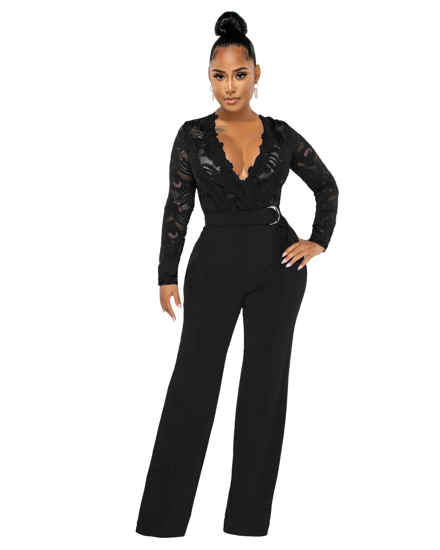 Casual Slim Fit V-neck Lace See-through Type Jumpsuit