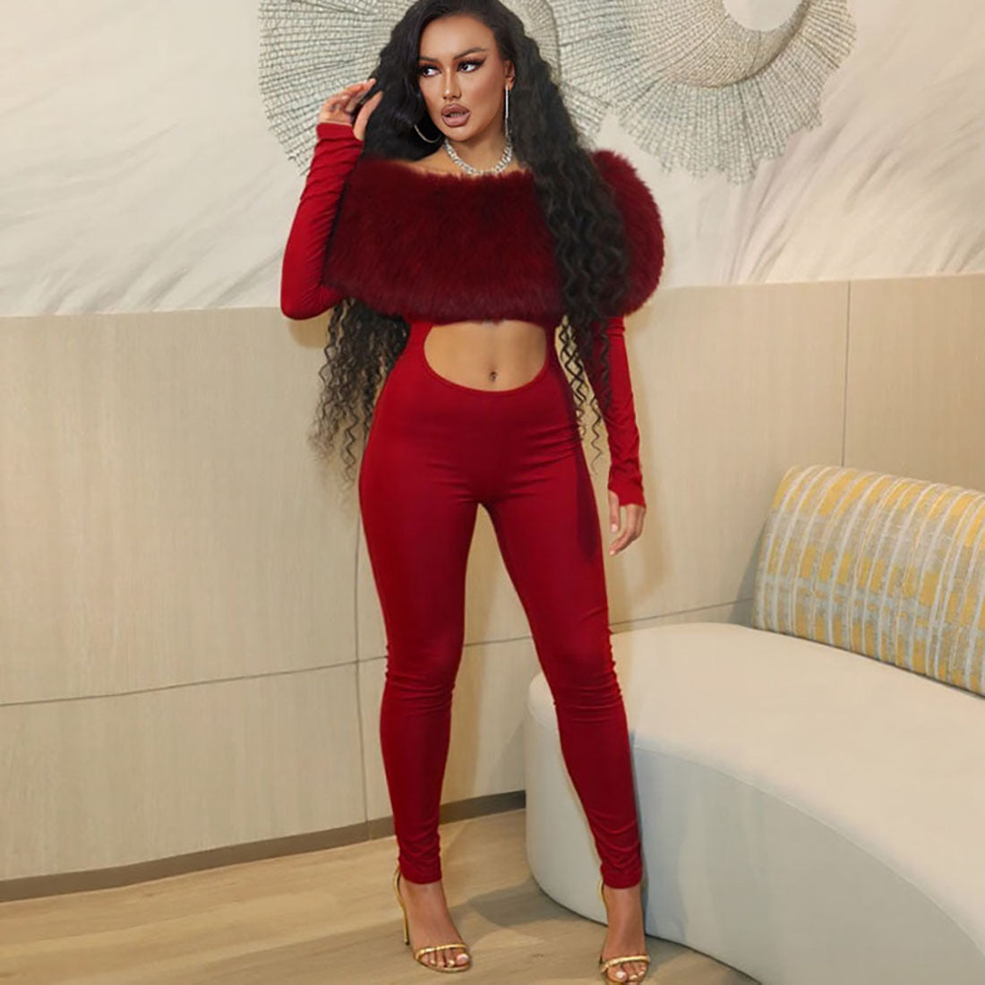New Women's Off-shoulder Furry Stitching Sexy Midriff-baring Long Sleeve Jumpsuit