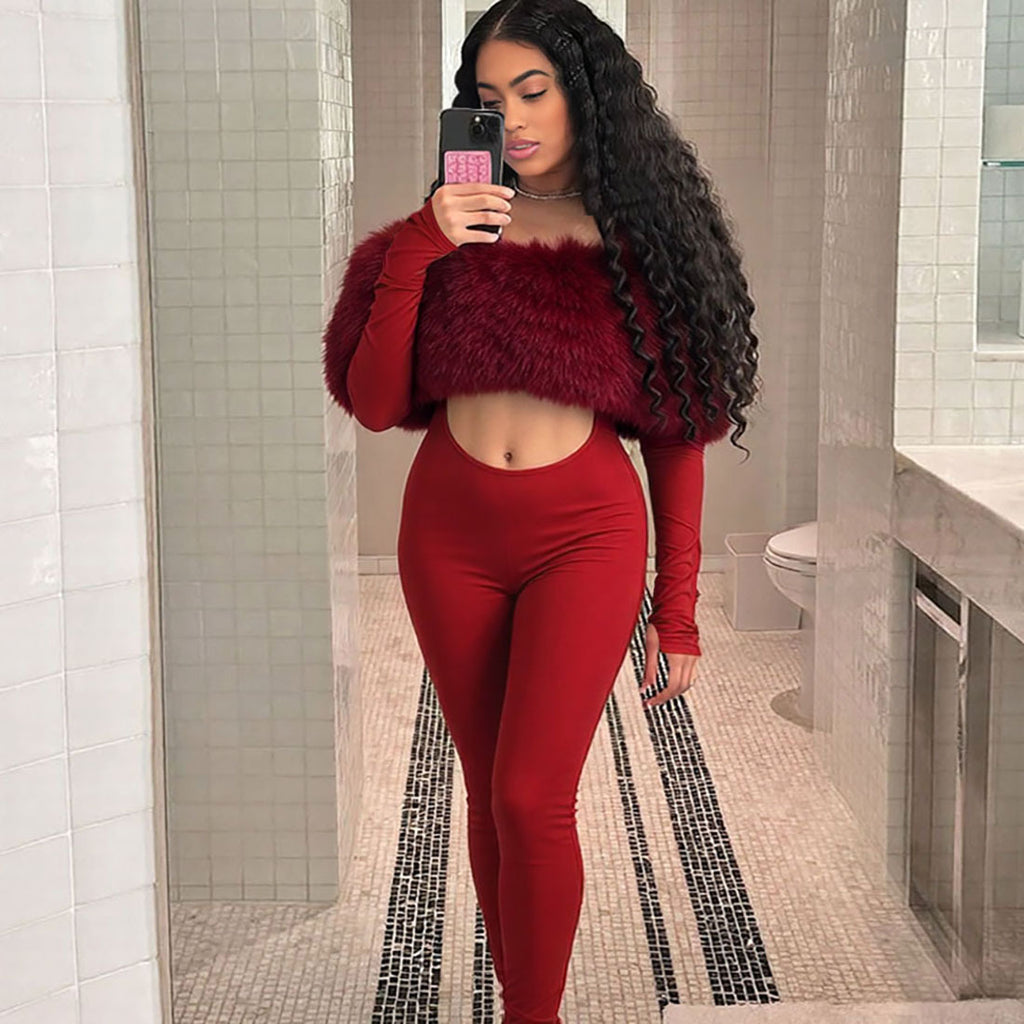 New Women's Off-shoulder Furry Stitching Sexy Midriff-baring Long Sleeve Jumpsuit