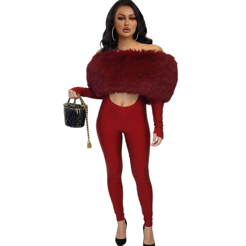New Women's Off-shoulder Furry Stitching Sexy Midriff-baring Long Sleeve Jumpsuit