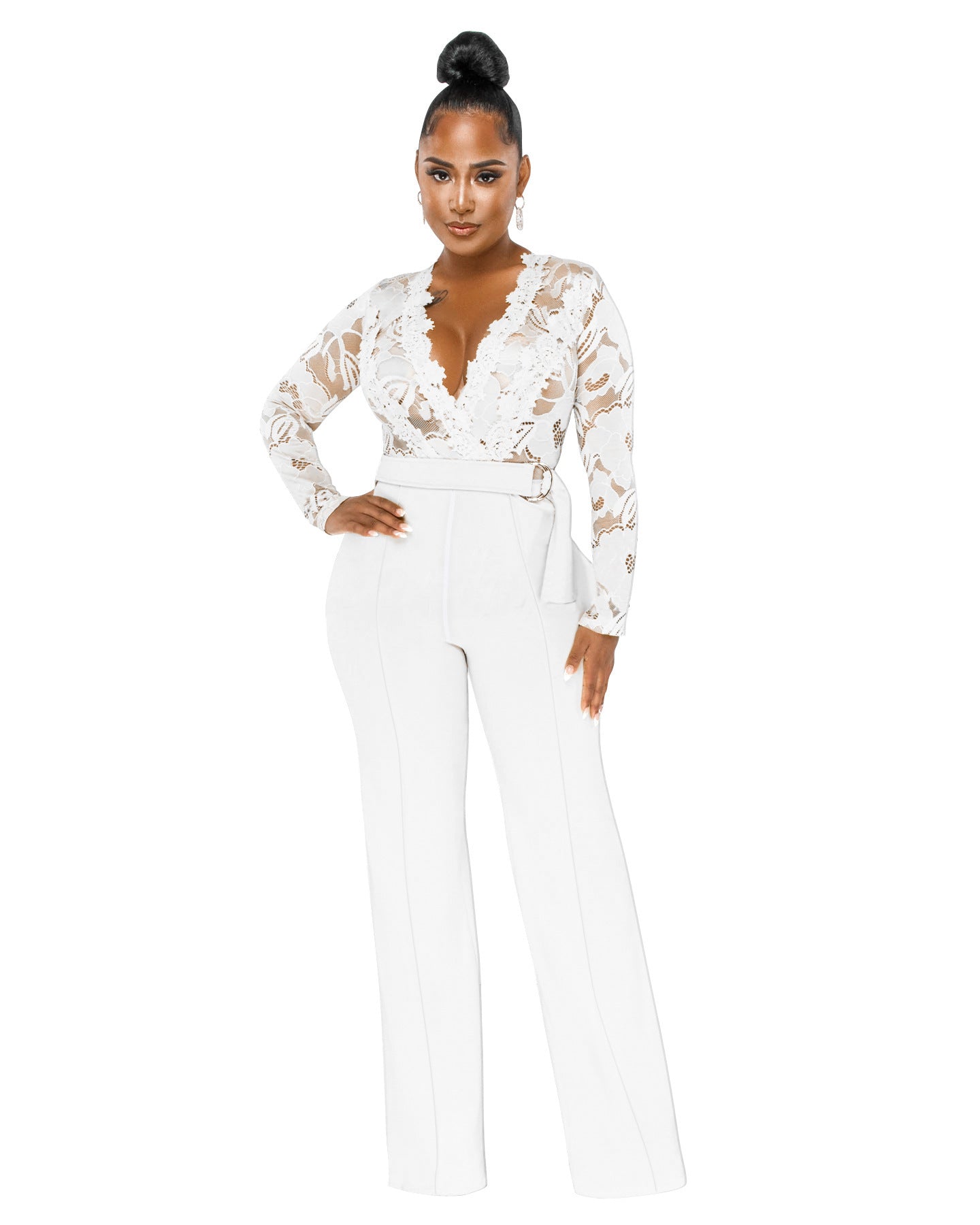 Casual Slim Fit V-neck Lace See-through Type Jumpsuit