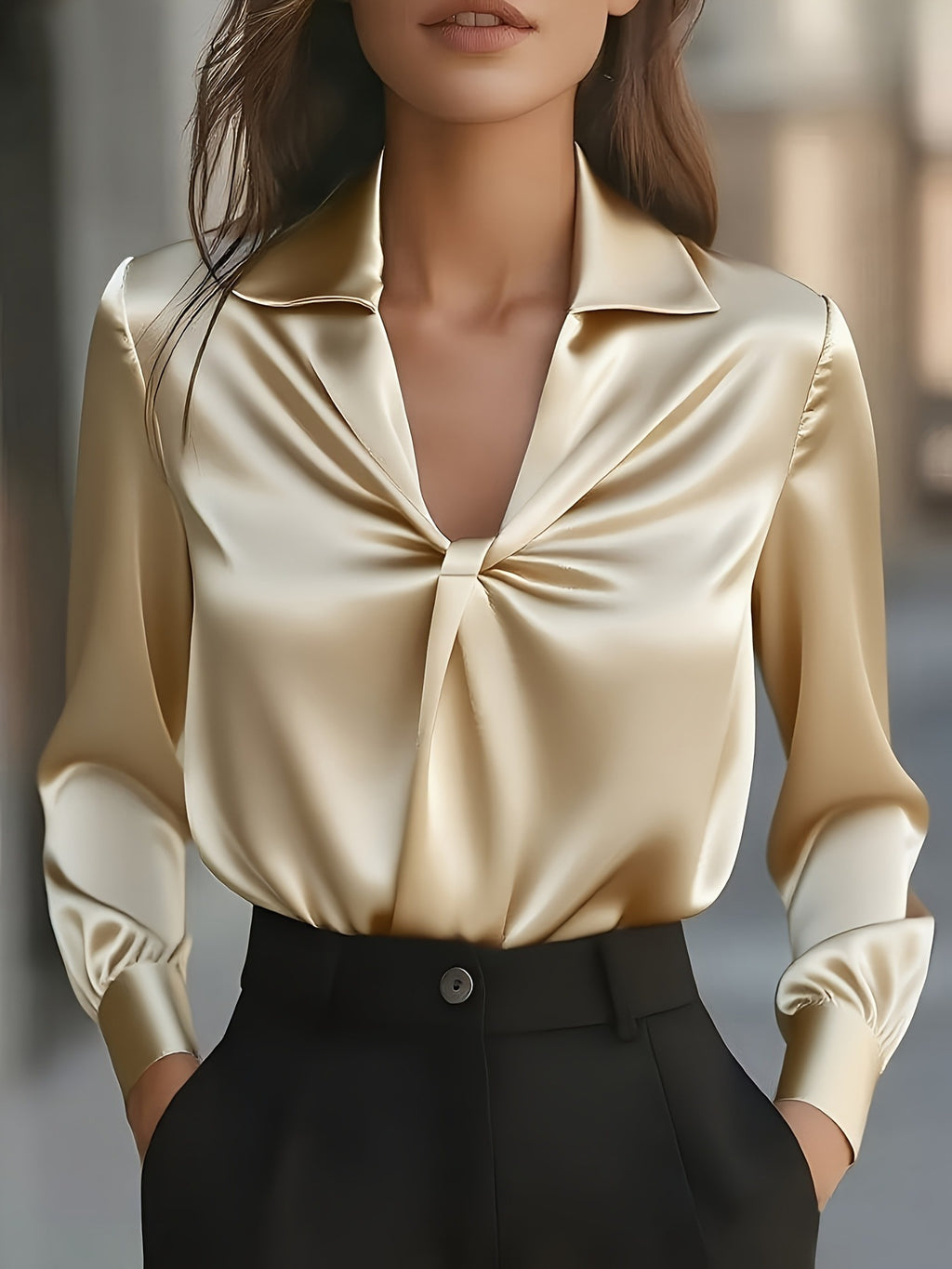 Autumn Fashion Temperament Solid Color Satin Pleated Long Sleeve Shirt Women