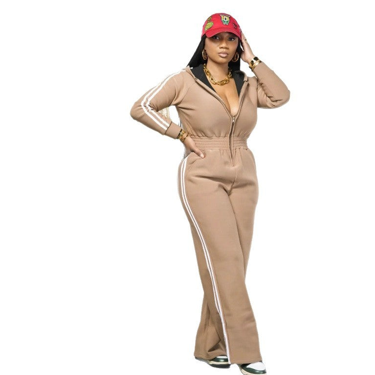 Fashionable And Sporty Color-blocking Long-sleeved Half-opening Hooded Jumpsuit
