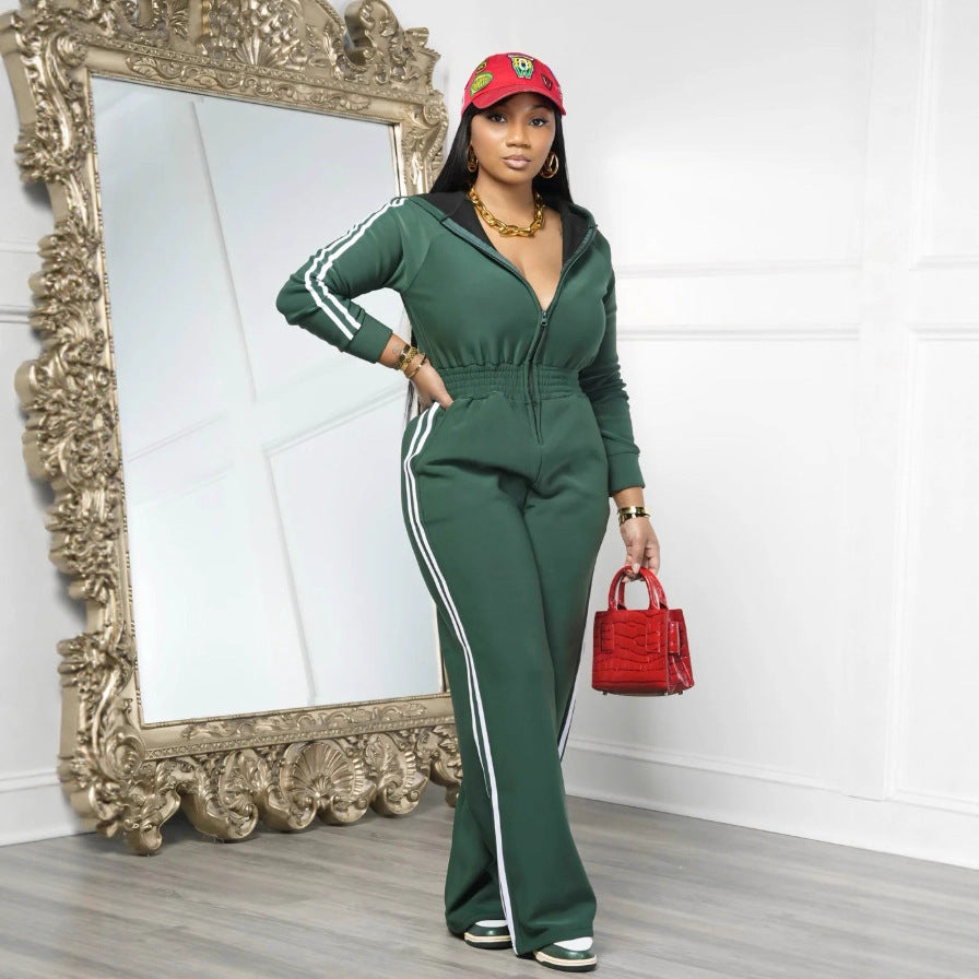 Fashionable And Sporty Color-blocking Long-sleeved Half-opening Hooded Jumpsuit