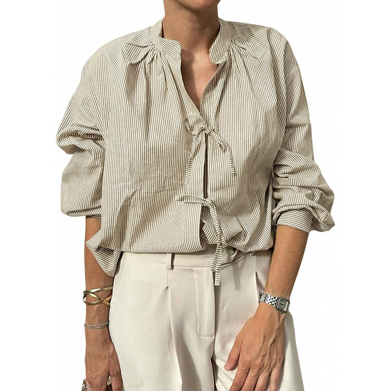 Women's Striped Front-tie V-neck Casual Lazy Feel Shirt