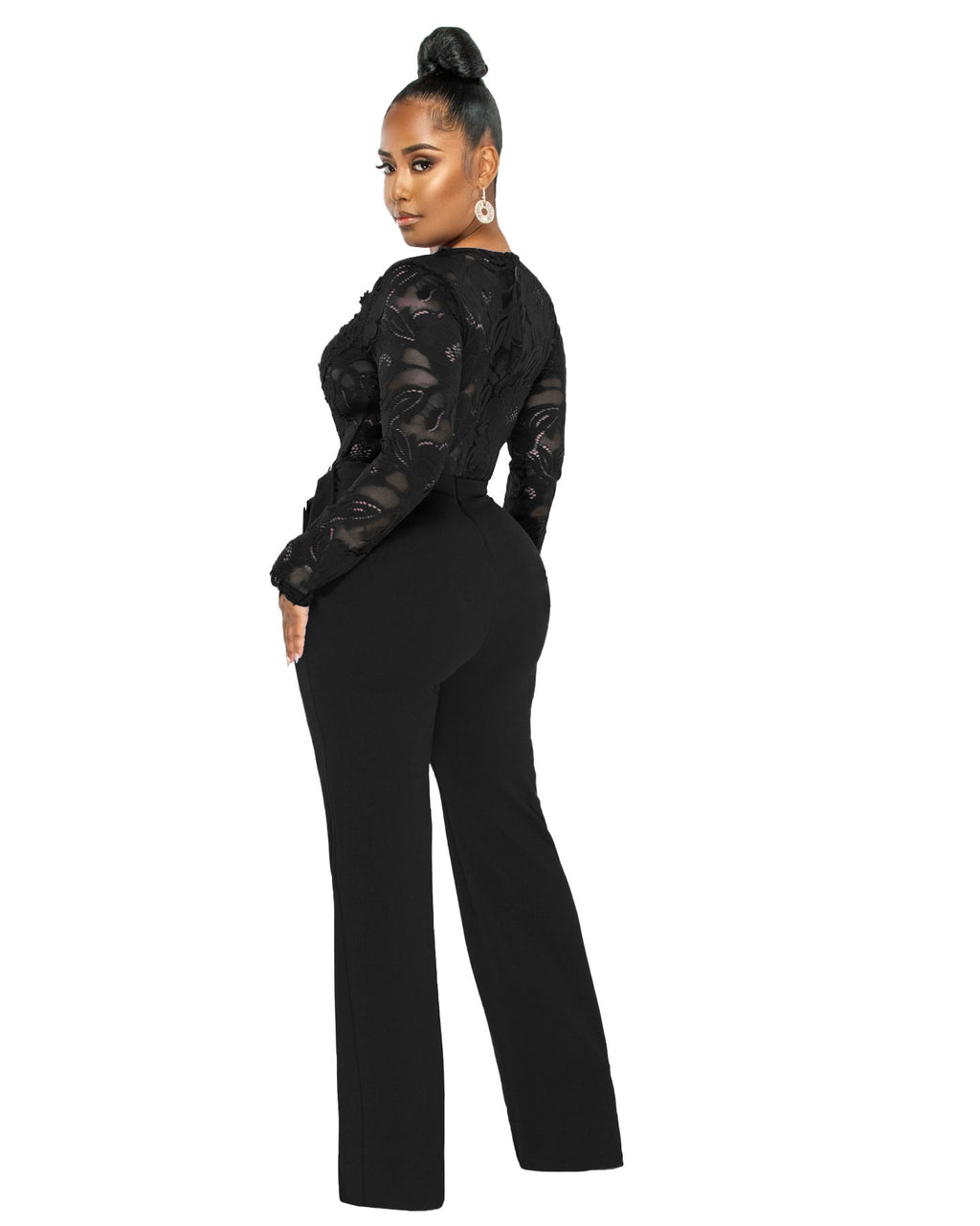 Casual Slim Fit V-neck Lace See-through Type Jumpsuit