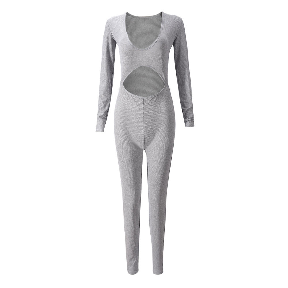 V-neck Hollow-out Long-sleeved Sexy High-elastic Jumpsuit