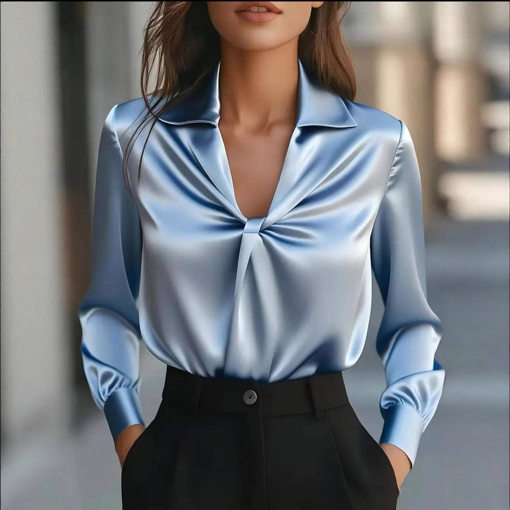 Autumn Fashion Temperament Solid Color Satin Pleated Long Sleeve Shirt Women